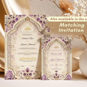 May include: Two matching wedding invitations with a floral design in cream, gold, and purple. The invitations feature ornate arch-shaped frames and include the names "Shaha Nur" and "Layla Ahmad". The text "Matching Invitation" is also visible.