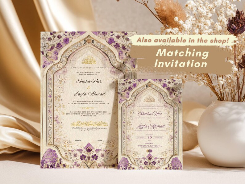 May include: Two matching wedding invitations with a floral design in cream, gold, and purple. The invitations feature ornate arch-shaped frames and include the names "Shaha Nur" and "Layla Ahmad". The text "Matching Invitation" is also visible.