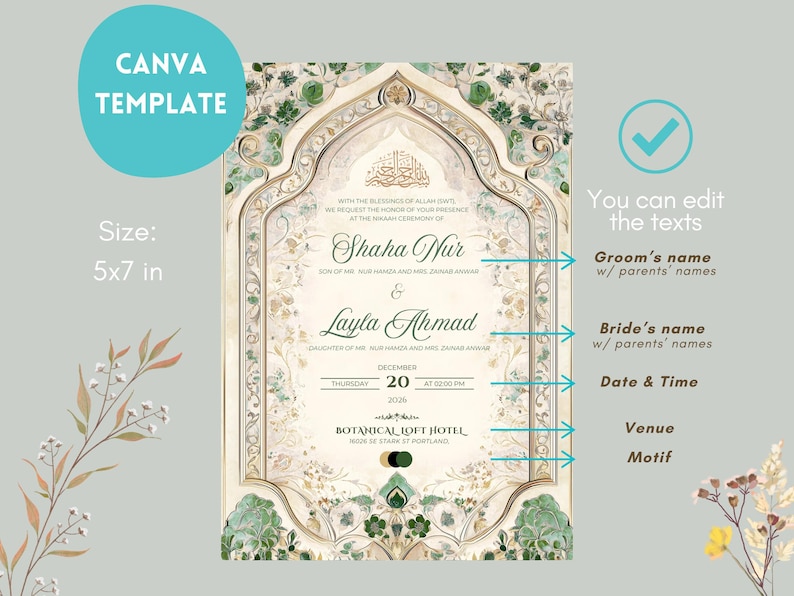 Islamic Wedding Invitation Template Download Nikkah Invitation Digital Muslim Wedding Invitation Floral Nikkah Invites Green Invitation Card image 7