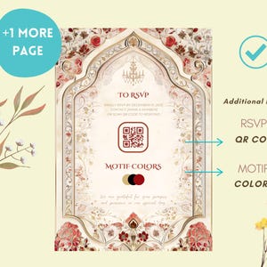 Puede incluir: Una tarjeta de invitaci&oacute;n con un dise&ntilde;o ornamentado, con patrones florales y de volutas en crema, rojo y dorado. La tarjeta incluye el texto "TO RSVP" y un c&oacute;digo QR. Tambi&eacute;n son visibles las palabras "MOTIF COLORS".