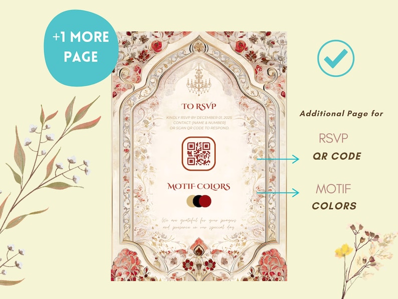 Puede incluir: Una tarjeta de invitaci&oacute;n con un dise&ntilde;o ornamentado, con patrones florales y de volutas en crema, rojo y dorado. La tarjeta incluye el texto "TO RSVP" y un c&oacute;digo QR. Tambi&eacute;n son visibles las palabras "MOTIF COLORS".