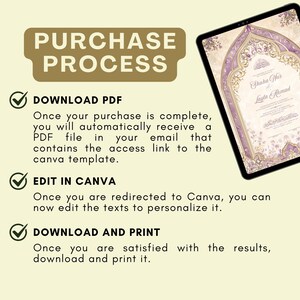 May include: A digital tablet displays a wedding invitation design with a floral and ornate border in shades of purple and gold. The image also includes instructions for the purchase process, including downloading a PDF, editing in Canva, and downloading and printing.