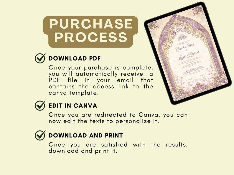 May include: A digital tablet displays a wedding invitation design with a floral and ornate border in shades of purple and gold. The image also includes instructions for the purchase process, including downloading a PDF, editing in Canva, and downloading and printing.
