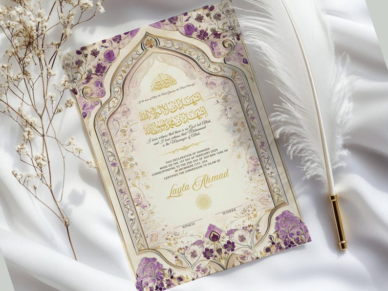 May include: A decorative invitation card with floral and arch designs in cream, gold, and purple. The card features Arabic calligraphy and the name "Layla Ahmad". A white feather and sprig of flowers are in the background.