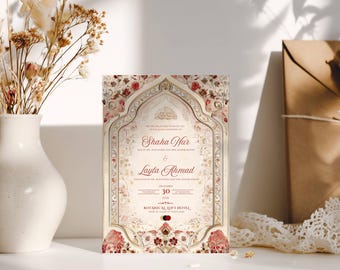 Islamic Wedding Invitation Template Download Nikkah Invitation Digital Muslim Wedding Invitation Floral Nikkah Invites Red Invitation Card