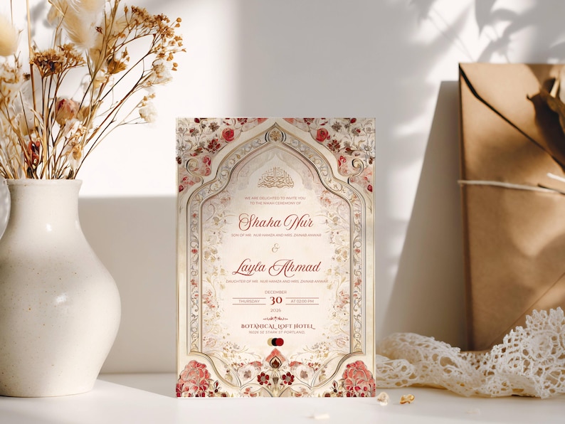Puede incluir: Una invitaci&oacute;n de boda ornamentada con elementos florales y arquitect&oacute;nicos. La invitaci&oacute;n presenta los nombres "Shaha Nur" y "Layla Ahmad", junto con la fecha "30 de diciembre de 2026". La paleta de colores incluye crema, rojo y dorado.
