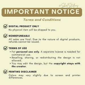 Puede incluir: Aviso de producto digital con el texto "IMPORTANT NOTICE" en una pancarta marr&oacute;n. El texto incluye t&eacute;rminos y condiciones, como "DIGITAL PRODUCT ONLY" y "NONREFUNDABLE". El aviso tambi&eacute;n incluye un descargo de responsabilidad de impresi&oacute;n.