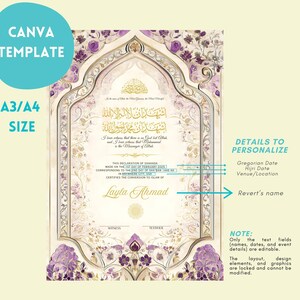 May include: A floral design certificate template in purple and gold, with Arabic calligraphy. The Canva template includes fields for personalization, such as the Gregorian and Hijri dates, venue, and the revert's name. The size is A3/A4.