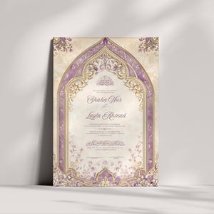 May include: A rectangular invitation card with an ornate design. The card features a cream-colored background with a decorative arch in shades of purple and gold. The names "Shaha Nur" and "Layla Ahmad" are displayed in elegant script.
