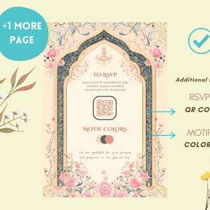 May include: An invitation card with floral and ornamental design. The card features the text "TO RSVP" and "MOTIF COLORS". It includes a QR code and the text "KINDLY RSVP BY DECEMBER 01 2025".
