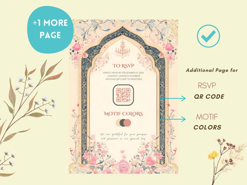 May include: An invitation card with floral and ornamental design. The card features the text "TO RSVP" and "MOTIF COLORS". It includes a QR code and the text "KINDLY RSVP BY DECEMBER 01 2025".