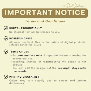 May include: A yellow and brown notice with the text "IMPORTANT NOTICE" and "Terms and Conditions". The notice lists the following information: "Digital Product Only", "Nonrefundable", "Terms of Use", and "Printing Disclaimer".