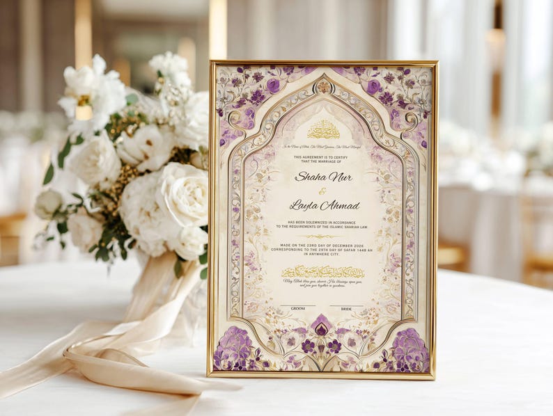 May include: A framed wedding invitation with gold trim, featuring the names "Shaha Nur & Layla Ahmad." The design includes floral and ornamental details in purple and gold, with text in Arabic script. A bouquet of white flowers is in the background.