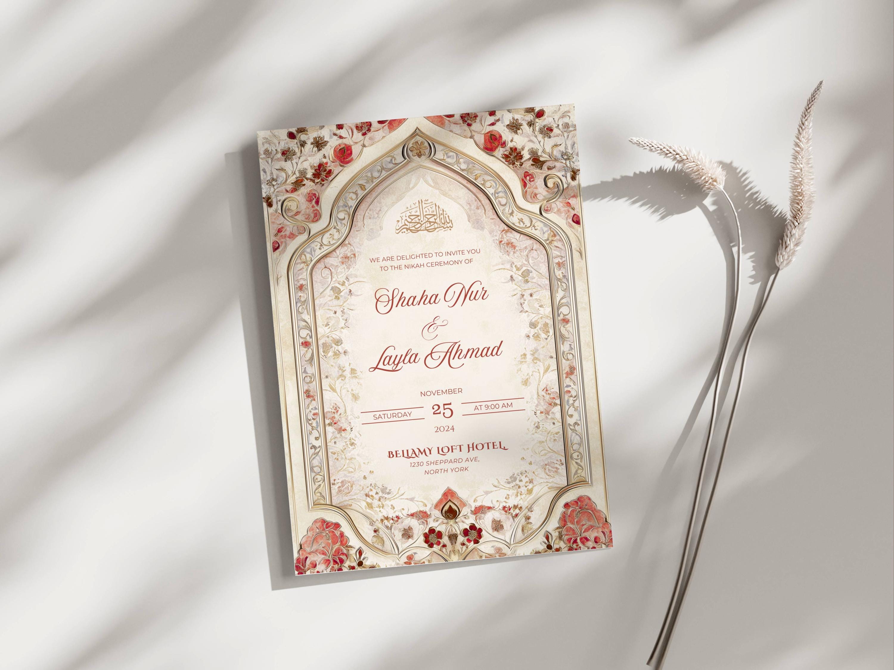 Islamic Wedding Invitation Template Download Nikkah Invitation Digital Muslim Wedding Invitation Floral Nikkah Invites Red Invitation Card