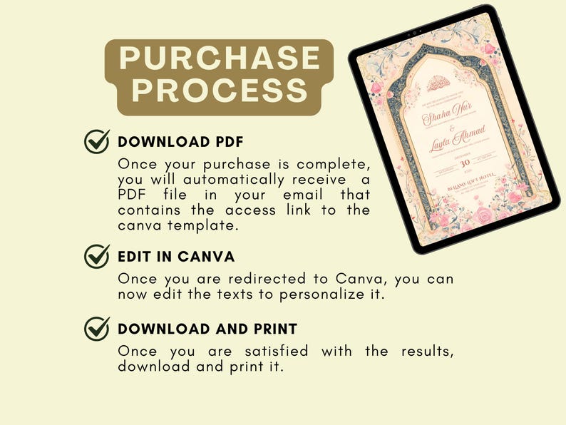 May include: A digital tablet displays a wedding invitation with floral and archway designs. The screen shows the names "Shaka Fir" and "Layla Ahmad." Text on the screen reads "Purchase Process," with steps for downloading, editing, and printing.