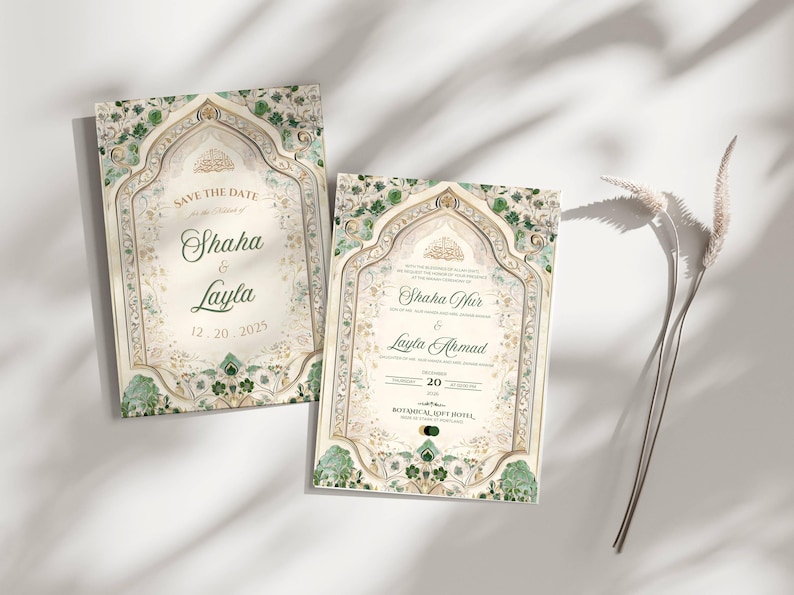 Islamic Wedding Invitation Template Download Nikkah Invitation Digital Muslim Wedding Invitation Floral Nikkah Invites Green Invitation Card image 1