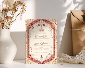 Islamic Wedding Invitation Template Download Nikkah Invitation Digital Muslim Wedding Invitation Floral Nikkah Invites Red Walima Invitation