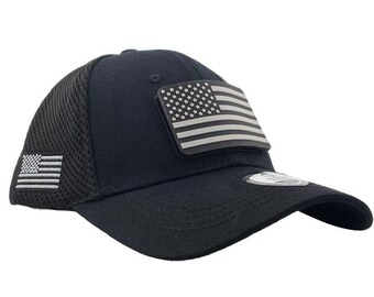 American Flag Hat, Black, Rubber Patch with Velcro