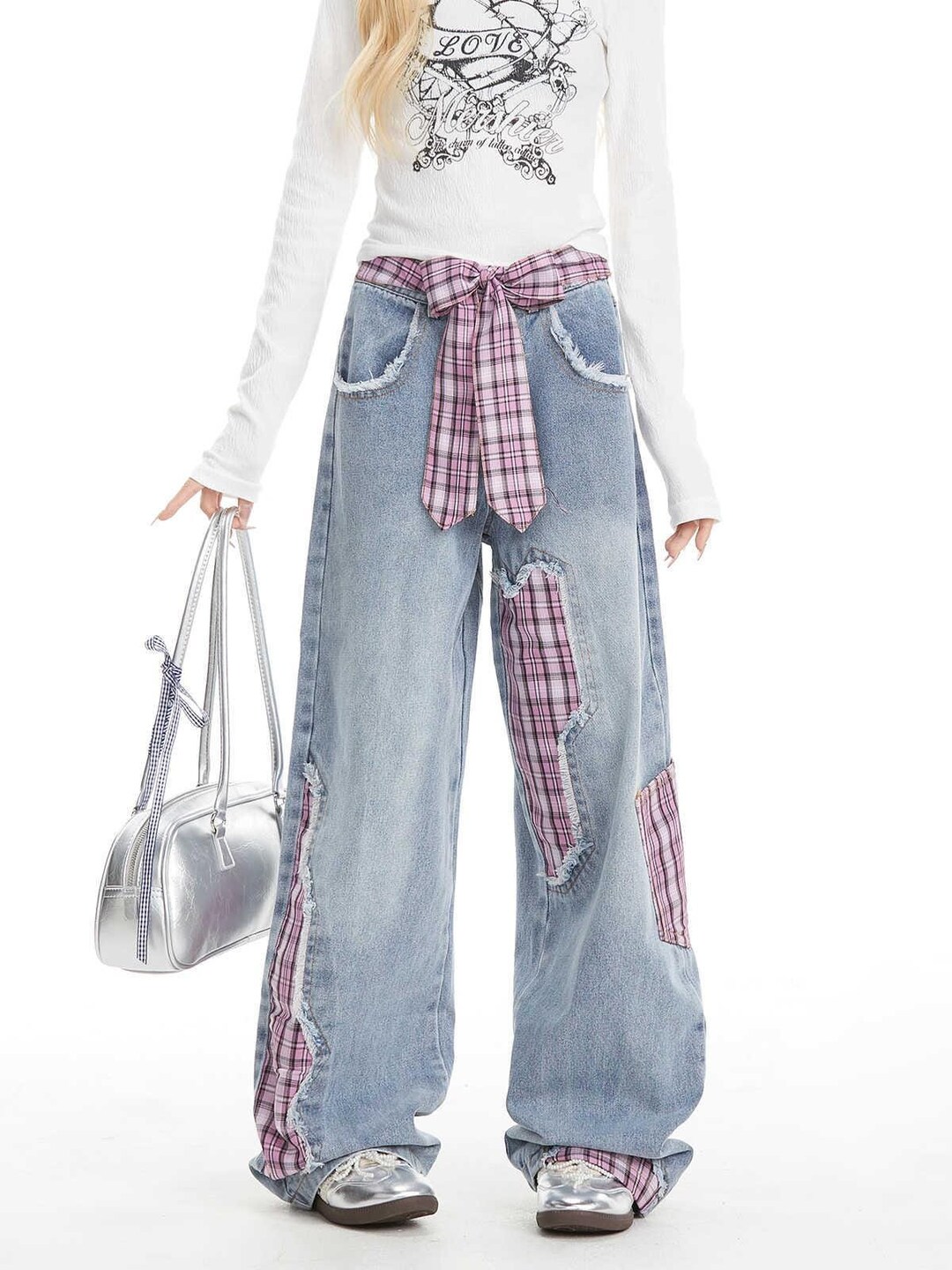 Casual Bow Print High Waist Baggy Jeans