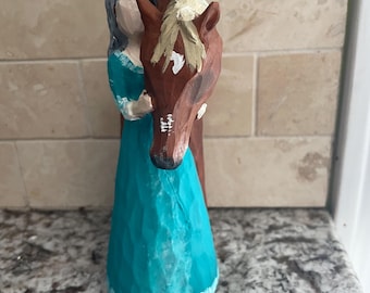 Painted flanks custom resin horse and lady statue horse memorial art