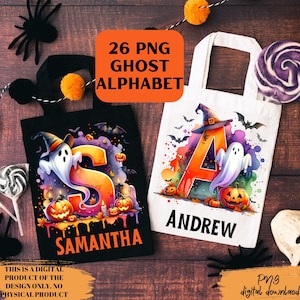 May include: Two Halloween-themed tote bags, one black and one white, with colorful ghost and pumpkin designs. The black bag has the name "SAMANTHA" and the white bag has the name "ANDREW". The bags feature the text "26 PNG GHOST ALPHABET".