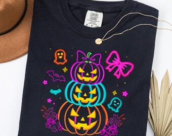 Preppy Neon Halloween Pumpkin Ghost PNG, Coquette Halloween Bow png, Fall Bat Ghost PNG, Girly Spooky Pumpkin Sublimation, Cute Halloween