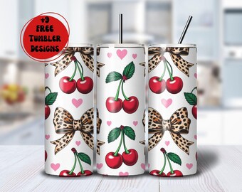 Envoltura para vaso de cereza y guepardo, diseño de sublimación para vaso delgado Coquette de 20 oz con estampado de leopardo, descarga digital PNG de Coquette Cherry