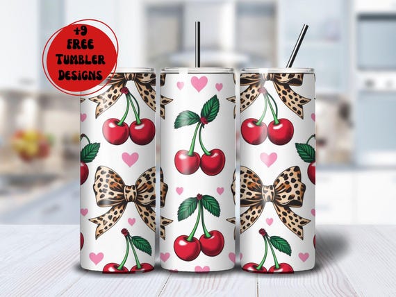 Cherry and Cheetah Tumbler wrap, Leopard Print Coquette 20 oz Skinny Tumbler Sublimation Design, Coquette Cherry Digital Download PNG