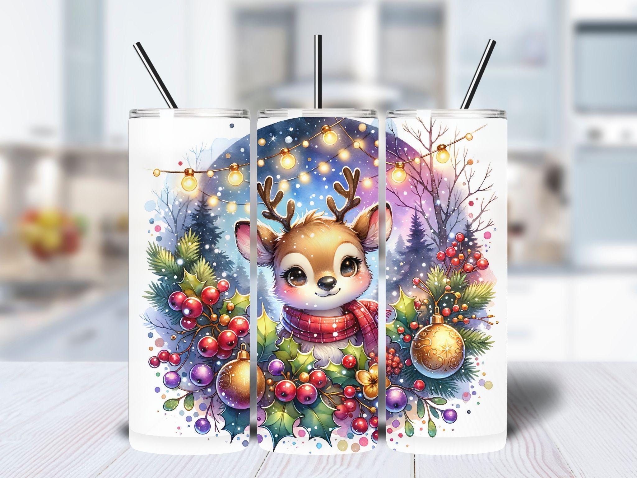 その他 K Christmas Reindeer 20oz Skinny Tumbler Wrap PNG, Sublimation