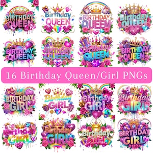 May include: A collection of 16 digital PNG graphics featuring the words "Birthday Queen" and "Birthday Girl" in a glittery, colorful design. Each graphic includes crowns, roses, and gems.
