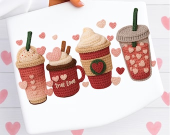 PNG de San Valentín, PNG de ganchillo falso, PNG de hilo falso, PNG de café con leche, descarga digital de diseño para sublimación