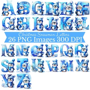 May include: A collection of 26 PNG images featuring the alphabet, each letter in a light blue watercolor style. Each letter has a cute penguin wearing a blue hat and scarf. The text reads "Christmas Snowman Letters 26 PNG Images 300 DPI".