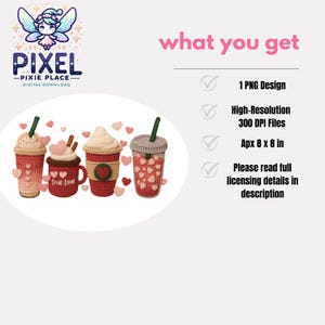 May include: A digital download image featuring four crochet coffee cup designs in shades of red and pink, adorned with heart accents. The image includes text that reads "PIXEL...PIXIE PLACE...DIGITAL DOWNLOAD" and "what you get".
