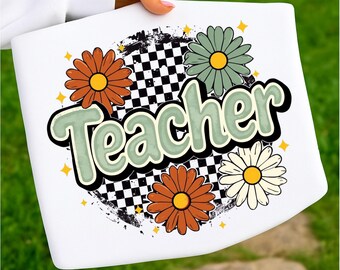 Profesora retro PNG, diseño de camiseta floral para profesora, profesora preppy PNG, descarga digital de agradecimiento a la profesora, flores silvestres para profesora