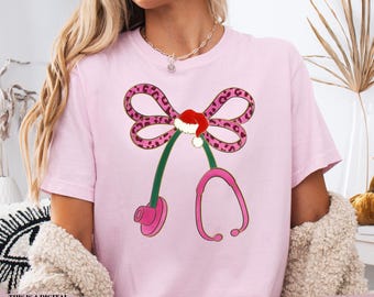 Pink Christmas Nurse Png, Nurse Stethoscope Christmas png, Nurse png, Christmas png, Preppy Nurse Life png, Leopard Santa Png