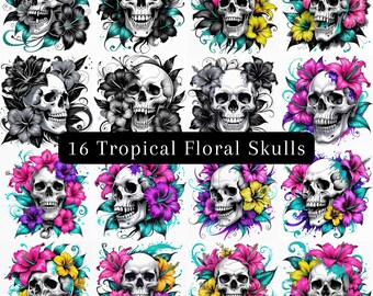Calavera floral sublimada PNG, flores y esqueletos sublimados, diseño digital, calavera tropical, calavera de flores PNG
