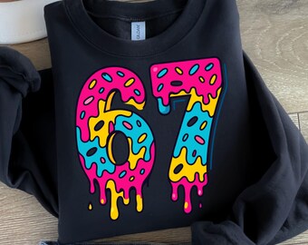 67 PNG, Sechs Sieben Trend, lustige tropfende Donut Sechs Sieben Trend, lustige Viral Zahl PNG SVG, Retro Gen Z 6 7