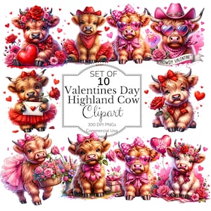 Valentines Day Highland Cow Png Bundle, Valentines Day Goodie Bag PNG, Love Clipart Bundle, Watercolor Highland Cow, Cute Highland cow