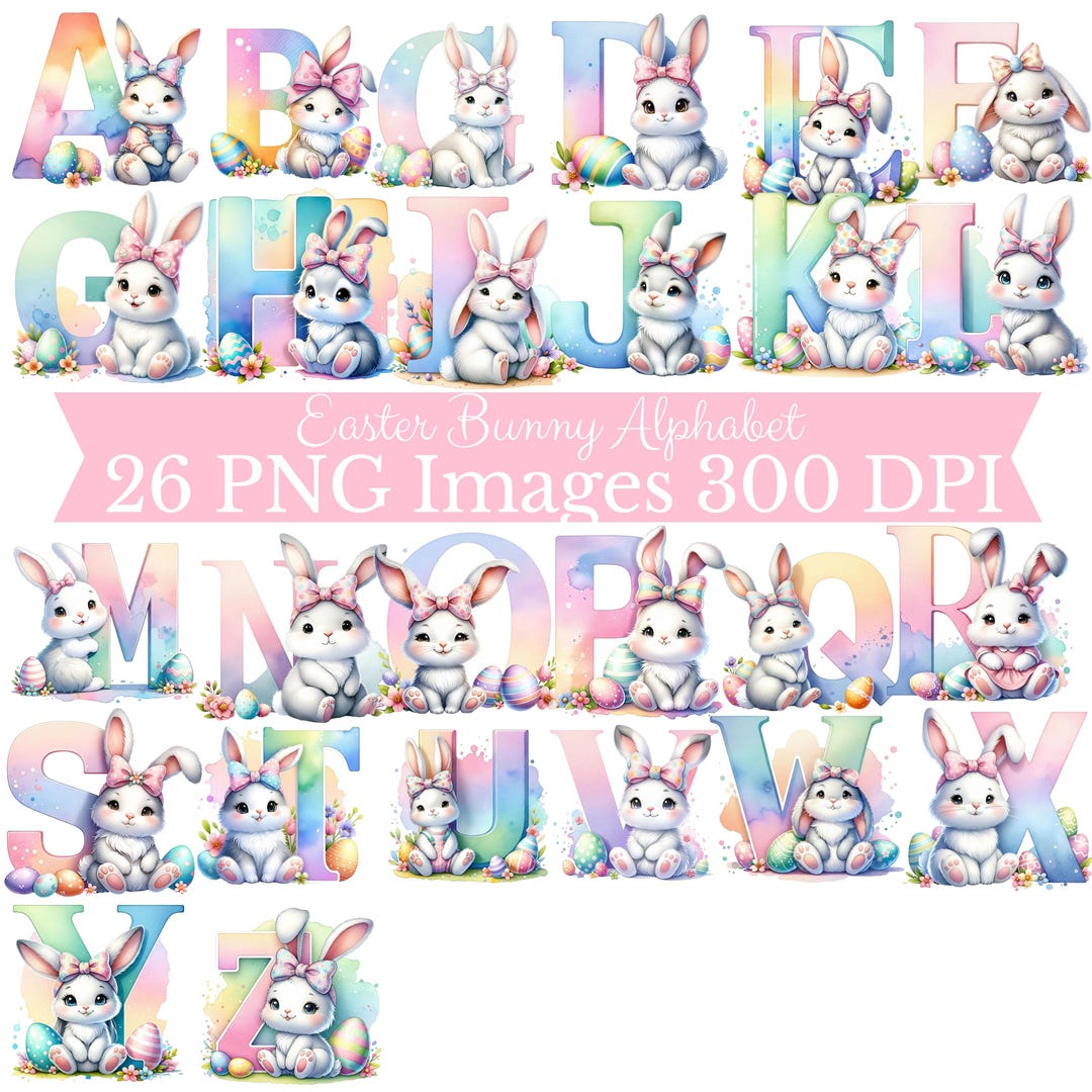 Easter Bunny Alphabet Letters PNG Bundle, Easter Bunny Clipart Digital ...
