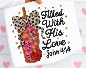 Christian Valentines png, namaakgehaakt garen png, gevuld met zijn liefde koffiekopje, Valentijnsdag png, bijbelvers png, geruite varsity png