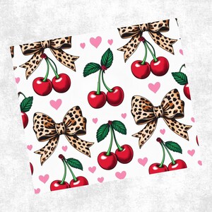 May include: A repeating pattern featuring red cherries with green leaves and brown leopard print bows on a white background. Small pink hearts are scattered throughout the design. The cherries are a vibrant red.