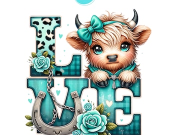 Valentines Day Highland Cow Png, Valentines Day Goodie Bag PNG, Love Clipart, Watercolor Highland Cow, Cute Highland cow, Leopard Cowprint