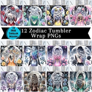 12 Sternzeichen Tumbler Wrap PNG Bundle, Celestial Design, Astrologie Zeichen 20 oz Skinny Straight Tumbler Sublimation Design, PNG Digital Download