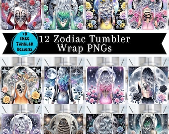 12 Zodiac Tumbler Wrap PNG Bundle, Celestial Design, Astrology Signs 20 oz Skinny Straight Tumbler Sublimation Design, PNG Digital Download
