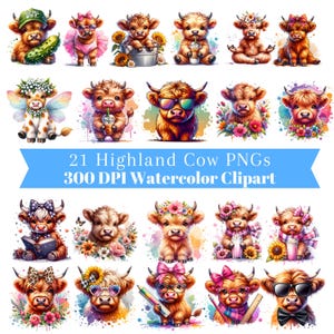 Può includere: Una collezione di 21 immagini clipart ad acquerello raffiguranti mucche delle Highlands in varie pose e abiti. Le mucche sono raffigurate con accessori come occhiali da sole, fiori e fiocchi. Il testo "21 Highland Cow PNGs 300 DPI Watercolor Clipart" è visibile.