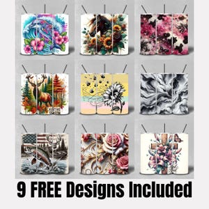 May include: Nine tumbler designs are shown, each with a unique pattern. Designs include a dolphin in a wave, a horse with sunflowers, floral patterns, a deer in a forest, bees and a sunflower, a marble effect, an American flag with a deer and fish, roses, and a cross with flowers.