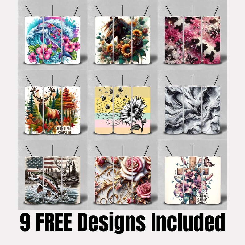 May include: Nine tumbler designs are shown, each with a unique pattern. Designs include a dolphin in a wave, a horse with sunflowers, floral patterns, a deer in a forest, bees and a sunflower, a marble effect, an American flag with a deer and fish, roses, and a cross with flowers.