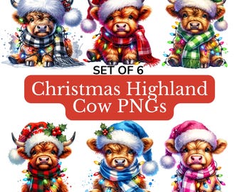 Christmas Highland Cow Png Bundle, Christmas PNG, Set of 6 Baby Highland Cow Png, Cute Christmas Cows, Christmas Clipart, Christmas Lights