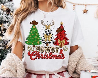 Howdy Christmas Png, Cowgirl Western Christmas Trees Png, Leopard Coquette Xmas Bow Png, Cute Country Shirt Design, Holiday Sublimation