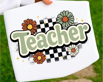 Profesora retro PNG, diseño de camiseta floral para profesora, profesora preppy PNG, descarga digital de agradecimiento a la profesora, flores silvestres para profesora
